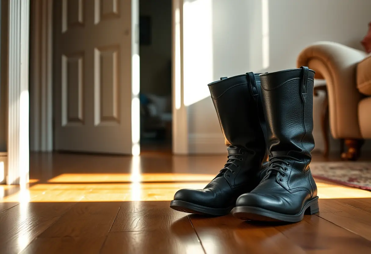 Des bottes en cuir noires bien entretenues dans un salon accueillant, évoquant la stabilité face aux douleurs.