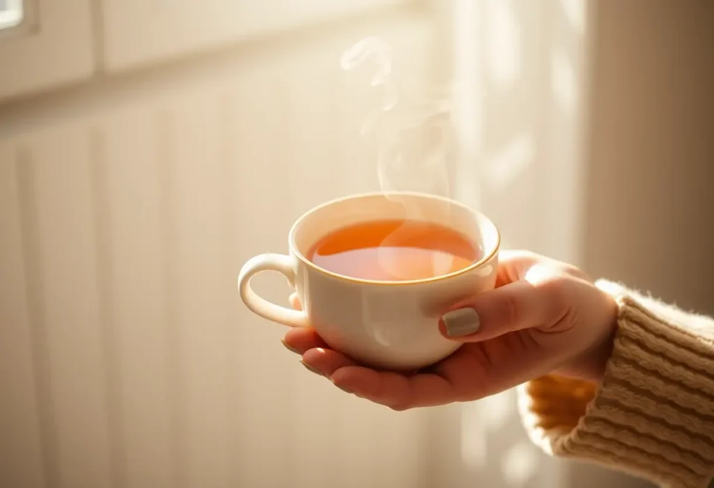 Une main tenant une tasse de thé chaud avec la vapeur qui s'échappe