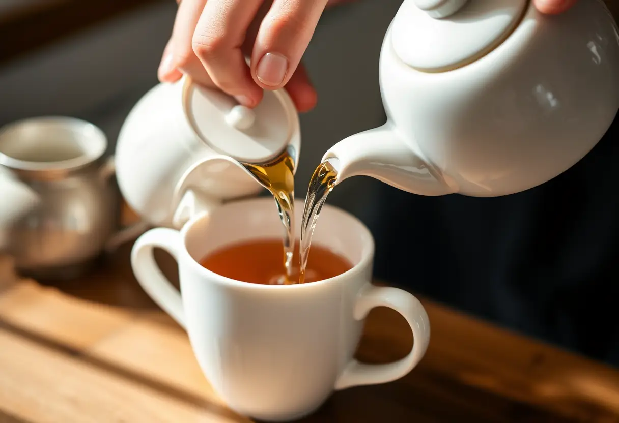 Une main verse de l'eau chaude d'une théière en porcelaine dans une tasse blanche, la vapeur s'élevant doucement