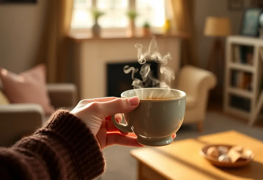 Une main féminine tenant délicatement une tasse en céramique, évoquant chaleur et bien-être