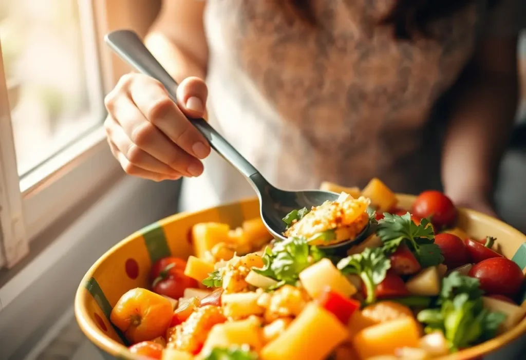 Une main féminine remue une cuillère en bois dans un bol rempli de fruits et légumes colorés