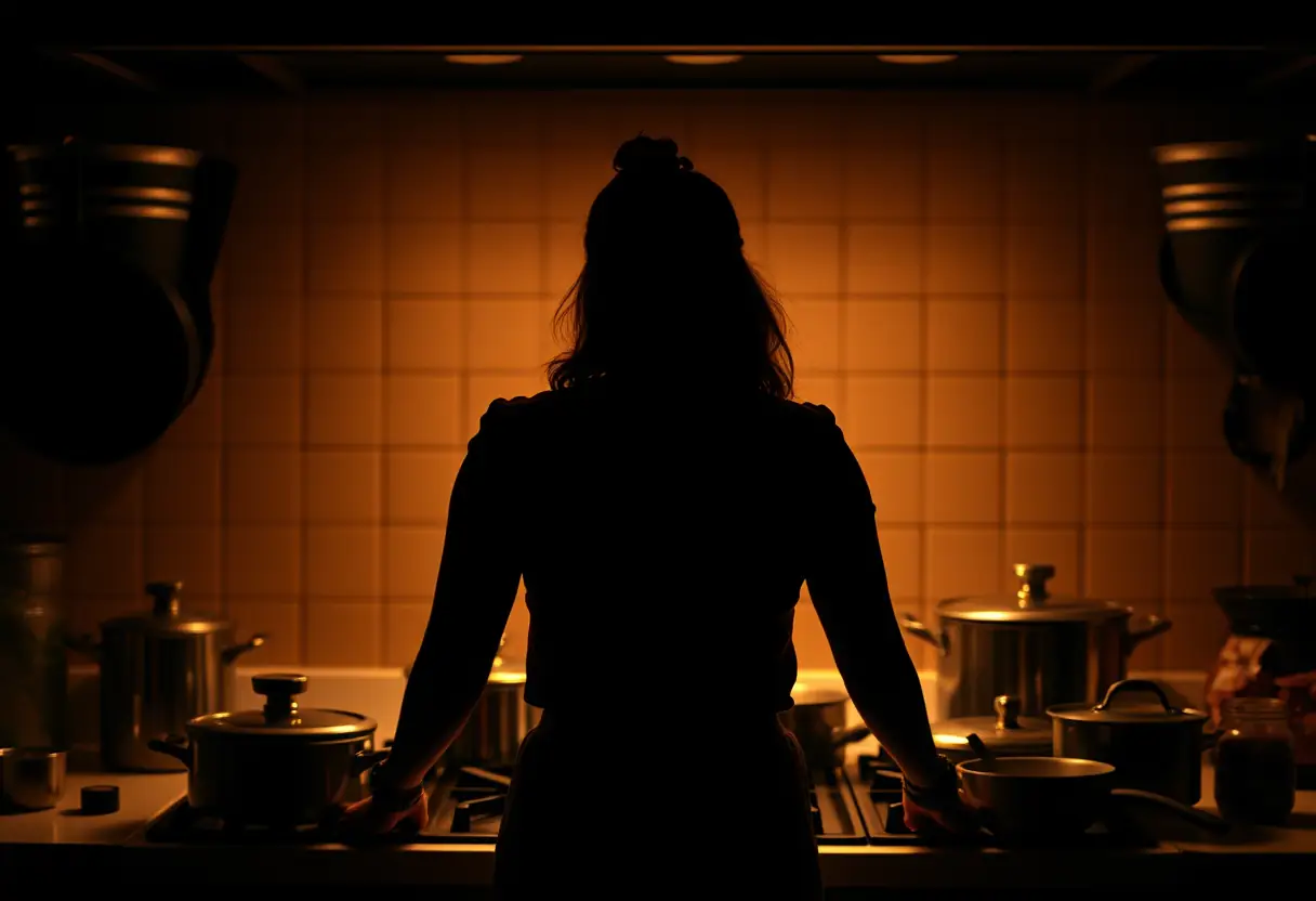 La silhouette d'une femme devant une cuisinière, entourée de casseroles et poêles