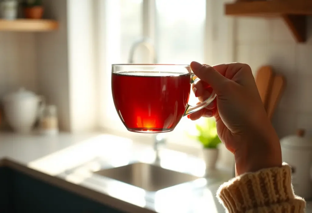 Une main tenant une tasse de thé chaud, source de réconfort et de bien-être.