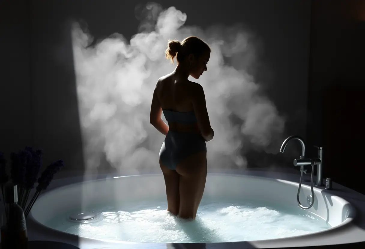 Un silhouetté près d'une baignoire aux eaux parfumées, ambiance relaxante et apaisante.