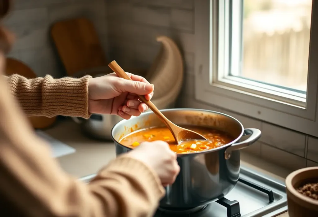 Une main féminine tient une cuillère en bois dans une cuisine chaleureuse