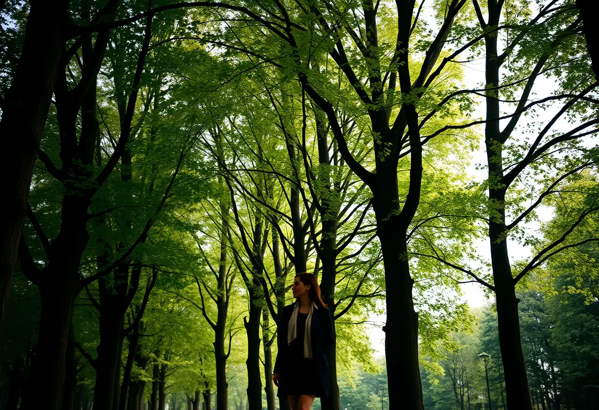 Une femme marche le long d’un sentier bordé d’arbres dans un parc