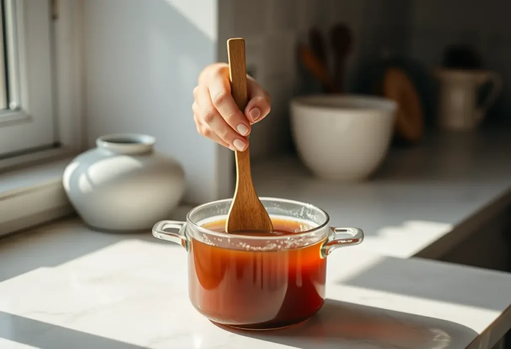 Une main féminine tient délicatement une cuillère en bois au-dessus d'une marmite de thé herbagère, éclairée par la lumière du jour.