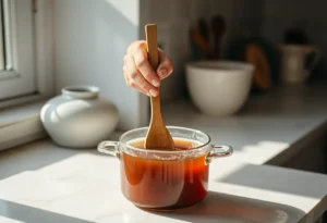 Une main féminine tient délicatement une cuillère en bois au-dessus d'une marmite de thé herbagère, éclairée par la lumière du jour.