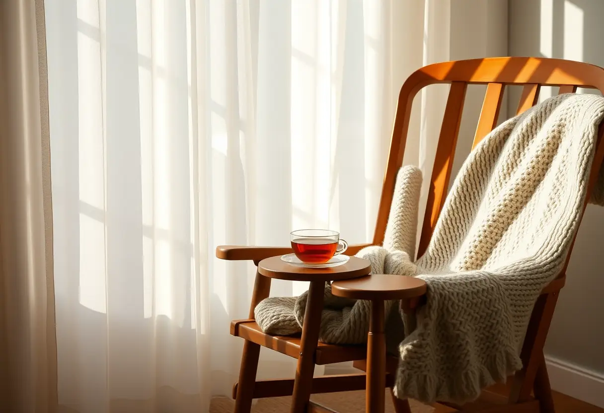 Un fauteuil en bois dans un salon accueillant, recouvert partiellement d'un plaid tricoté, avec une tasse de thé posée sur une petite table à côté, éclairée par la lumière du soleil du soir.