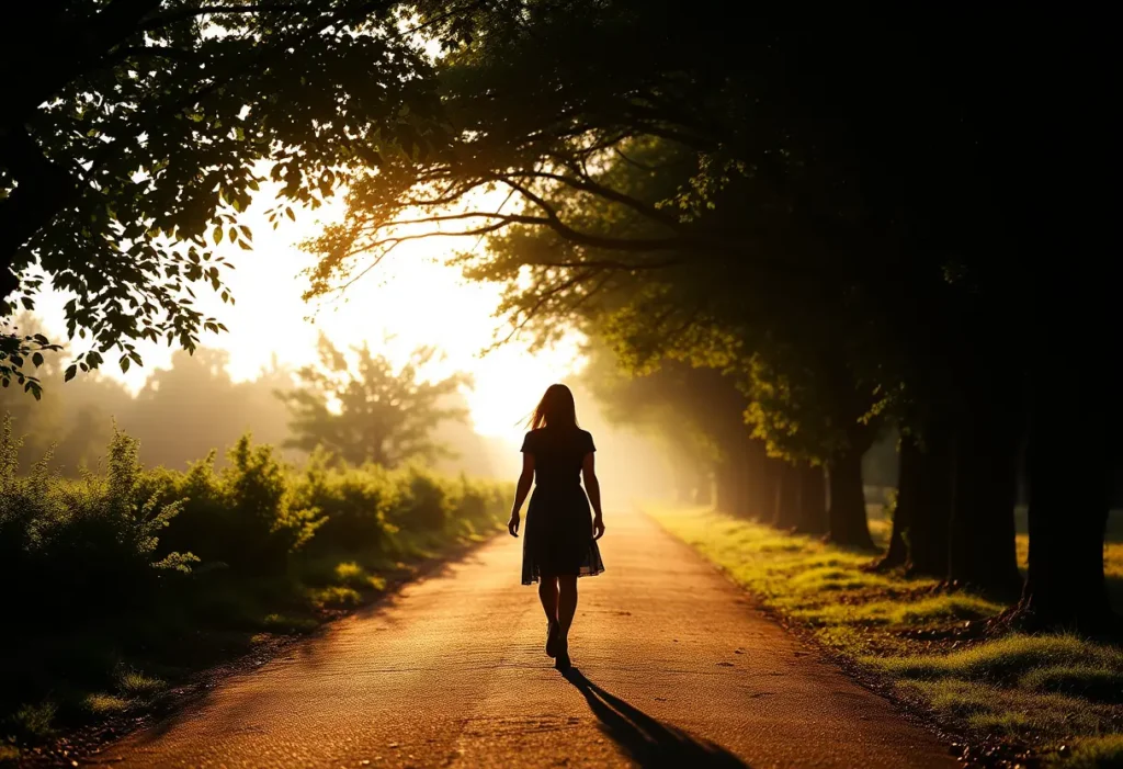 Silhouette de femme marchant sur un chemin bordé d'arbres, symbole du parcours vers la guérison.