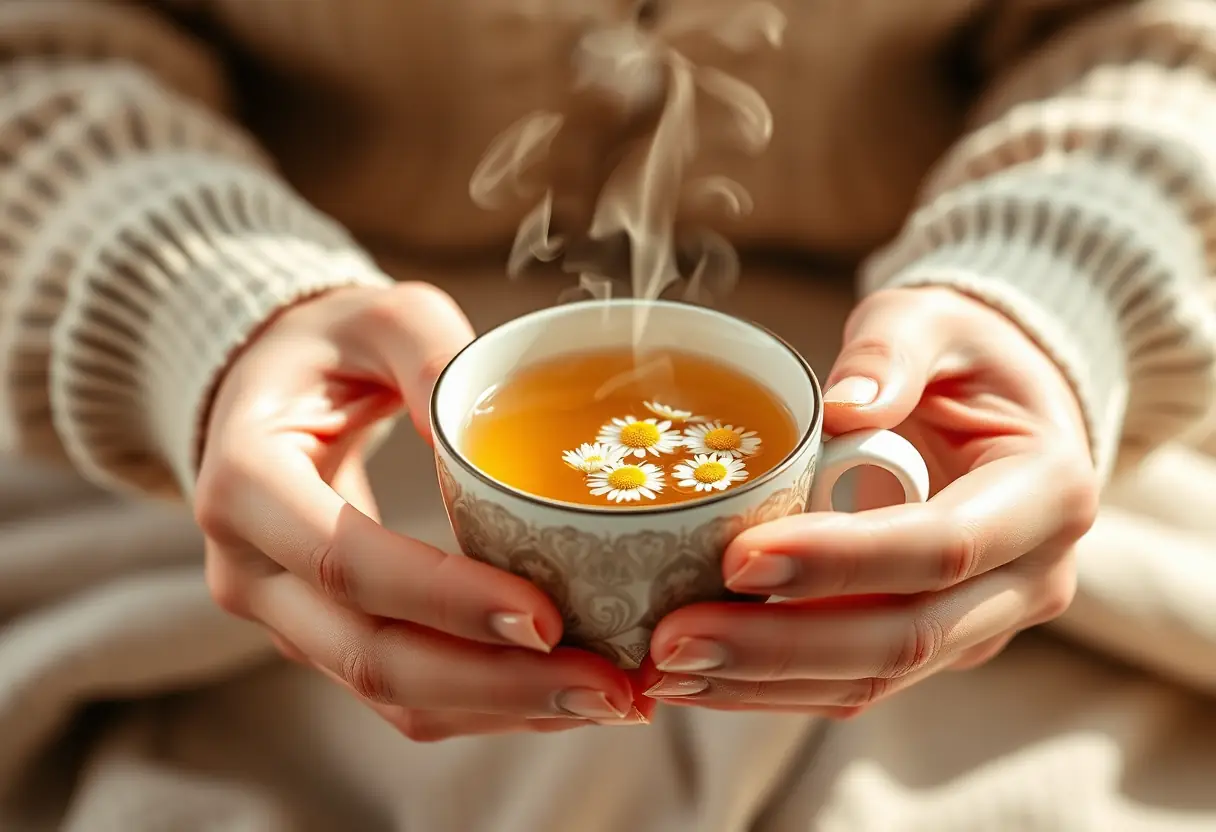 Mains tenant une tasse de thé de camomille, représentant les remèdes apaisants et les soins personnels.