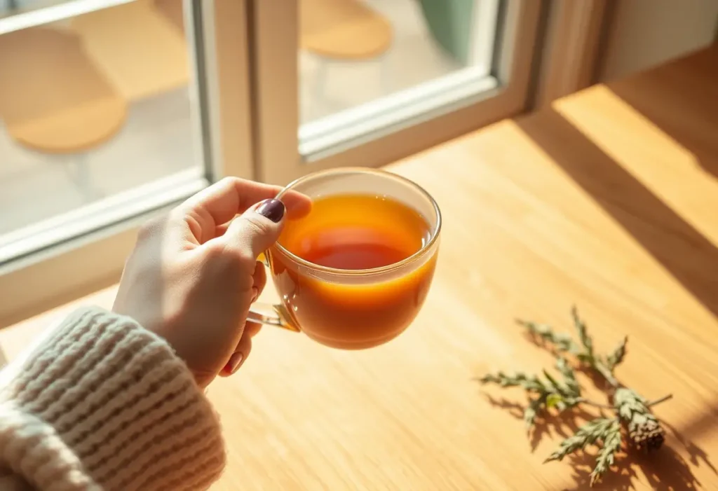 Une main tenant une tasse de thé chaud, apportant chaleur et confort
