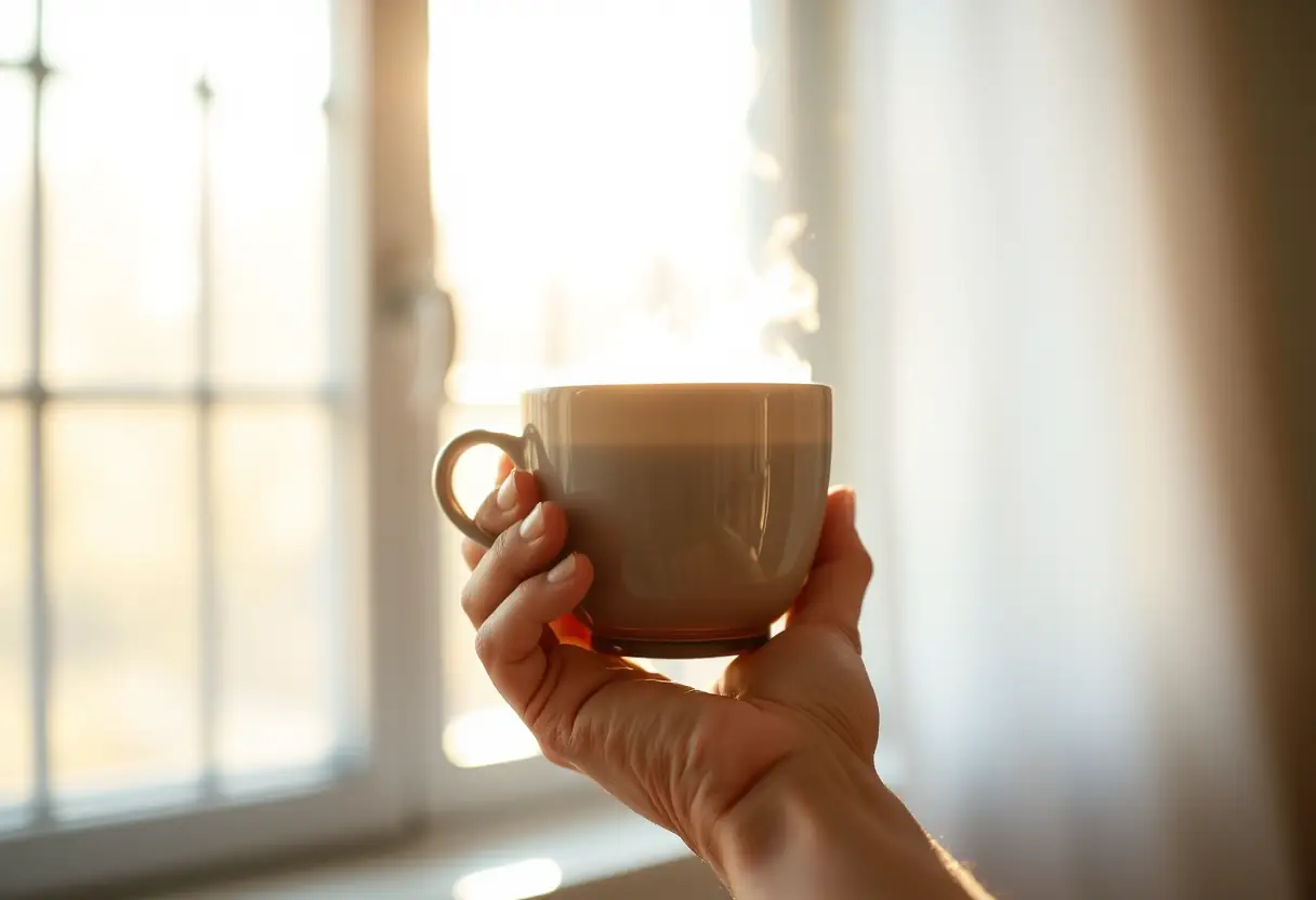 Une main tenant une tasse de thé aux herbes, éclairée par la lumière du soleil.