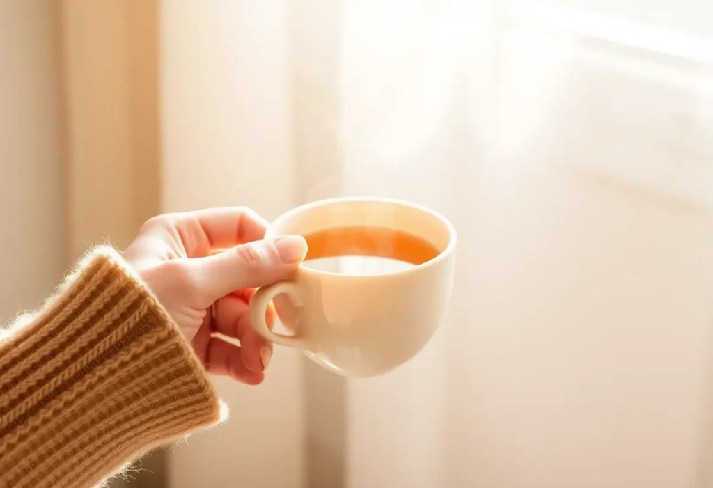 Une main tenant une tasse de thé chaud, la vapeur s'élevant doucement