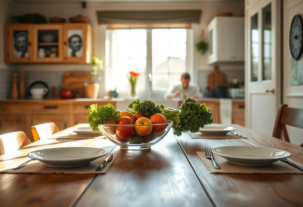 Un grand plateau de fruits et légumes frais posé sur une table de cuisine accueillante, éclairée par la lumière du jour