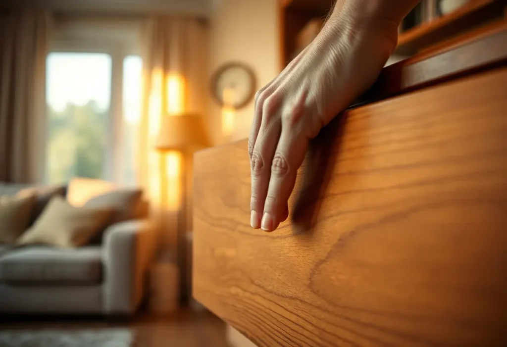 Une main fermant délicatement un tiroir en bois dans un salon accueillant, éclairé par une lumière tamisée.