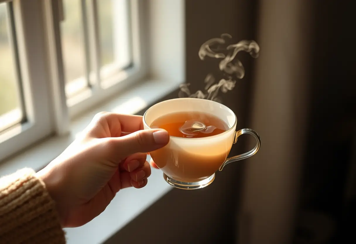 Une main féminine tenant une tasse de thé chaud, lumière du matin