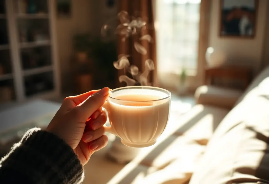 Une main tenant une tasse de thé chaud dans une atmosphère apaisante