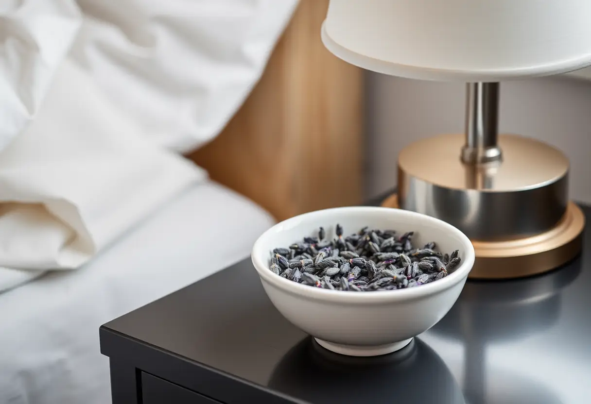Un bol blanc avec des bourgeons de lavande sur une table de nuit, évoquant la paix et la détente