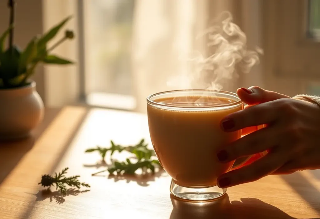 Une main féminine tenant une tasse de thé chaud, associé au bien-être des femmes