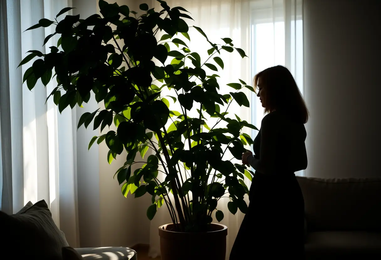 Un profil d'une femme près d'un grand ficus en pot dans son salon, associé au bien-être des femmes