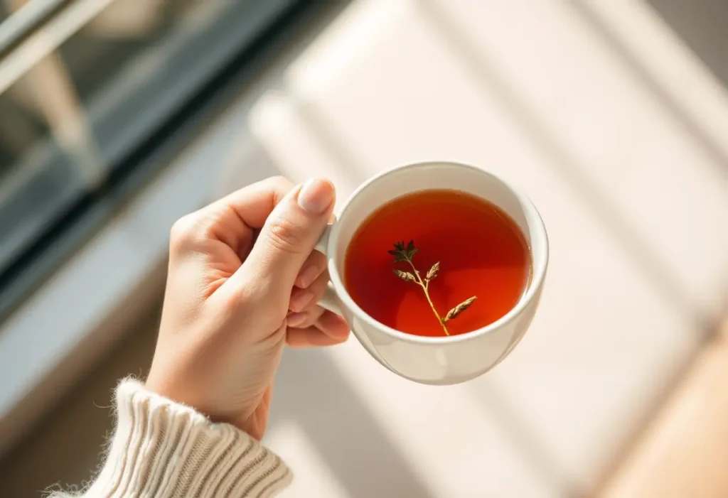 Une main tenant une tasse de thé chaud, symbolisant le réconfort et la guérison.