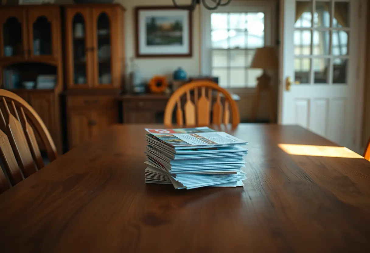 Un plan de table en bois chargé de brochures d'information, représentant le partage de connaissances et de soutien.