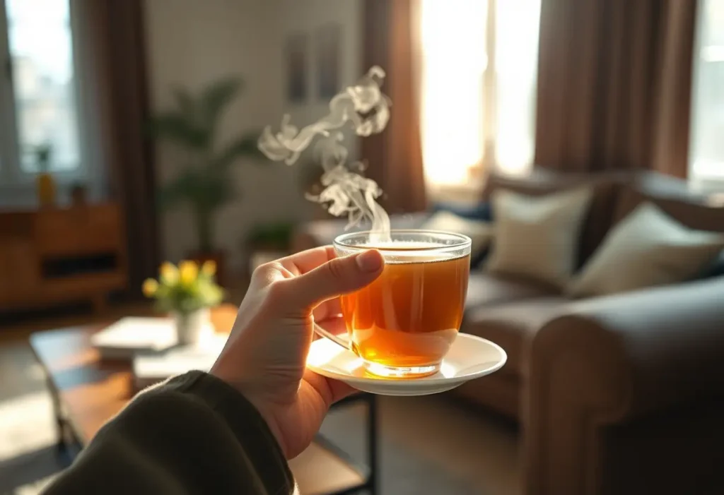 Une main tenant une tasse de thé chaud dans une pièce accueillante, l'article parle de bien-être et de self-acceptance.