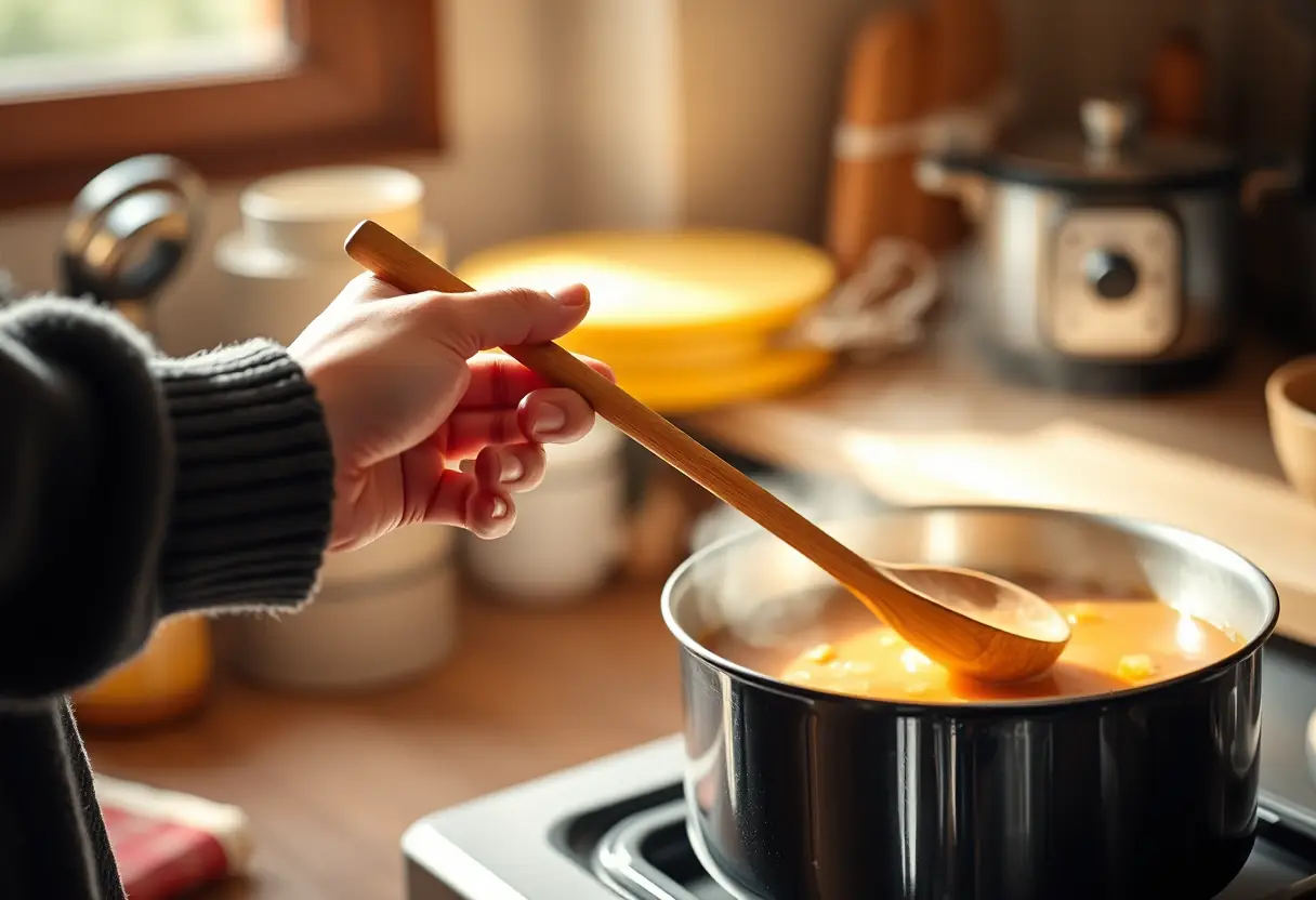 Une main féminine tenant une cuillère en bois au-dessus d'une marmite mijotant, dans une cuisine chaleureuse, bien-être et acceptation de soi.