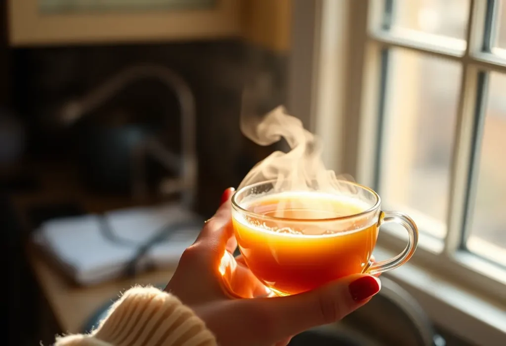 Une main tenant une tasse de thé chaud dans une cuisine