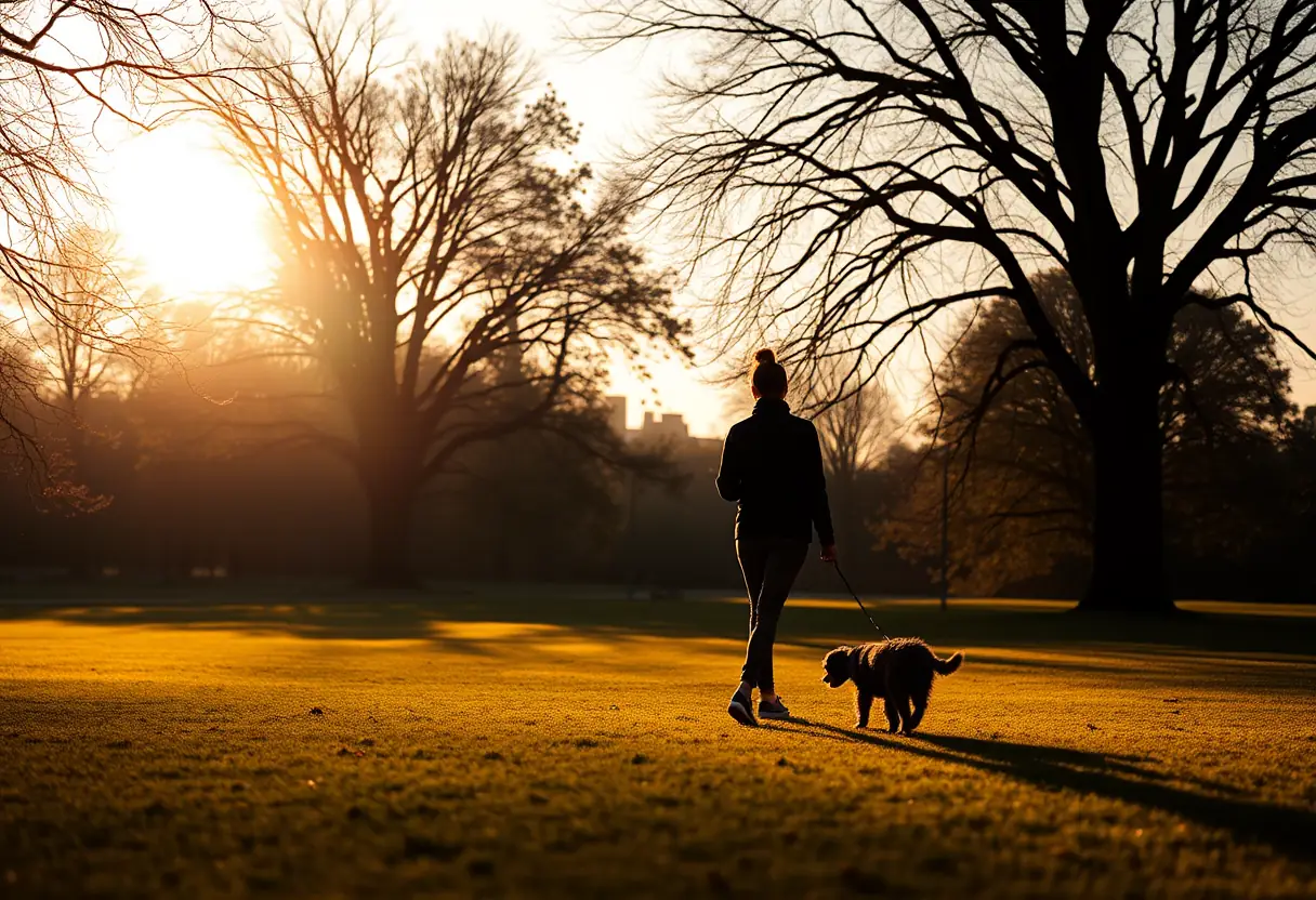Un profil d’une femme marchant son chien au crépuscule