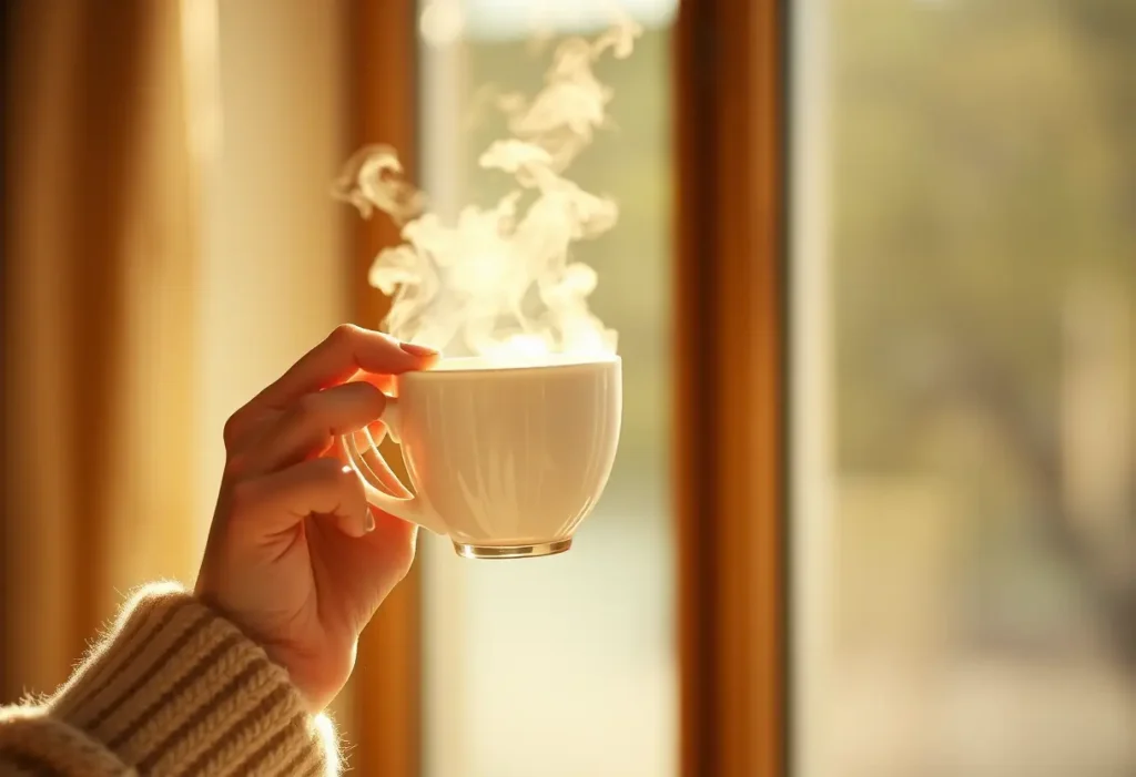 Une main tenant une tasse de thé chaud, apportant réconfort et bien-être