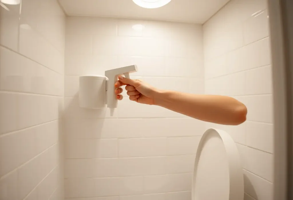 Une main tendue vers un distributeur de douche blanc dans une salle de bains, rappelant les brûlures urinaires associées à l'endométriose vésicale.