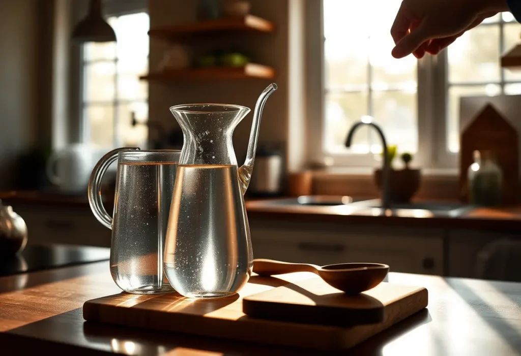 Une cuisine accueillante avec une carafe d'eau et une cuillère posée sur un plan de travail