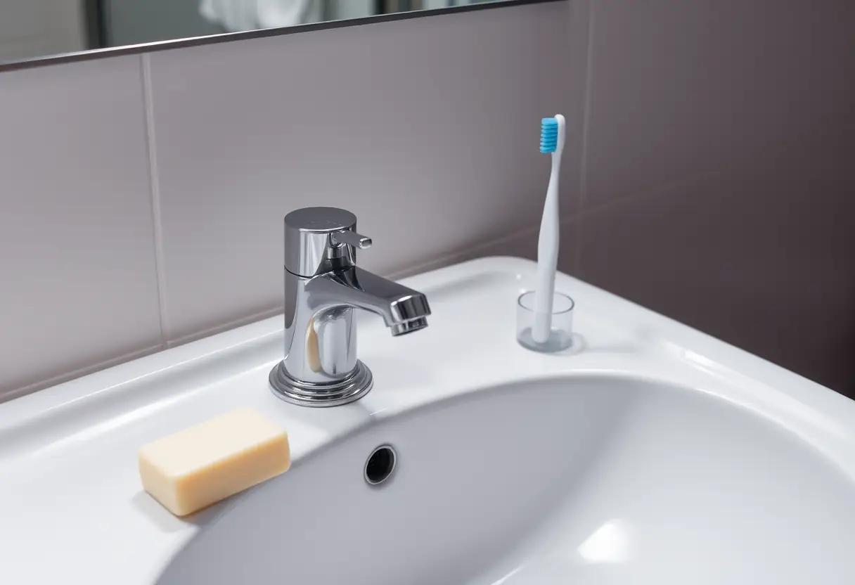 Un lavabo dans une salle de bains avec du savon et un tube de dentifrice