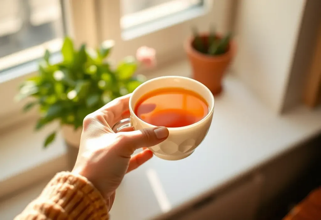 Une main tenant une tasse de thé chaud dans un rayon de soleil