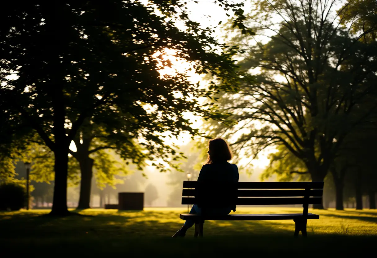 Un profil flou d'une femme assise sur un banc de parc au petit matin