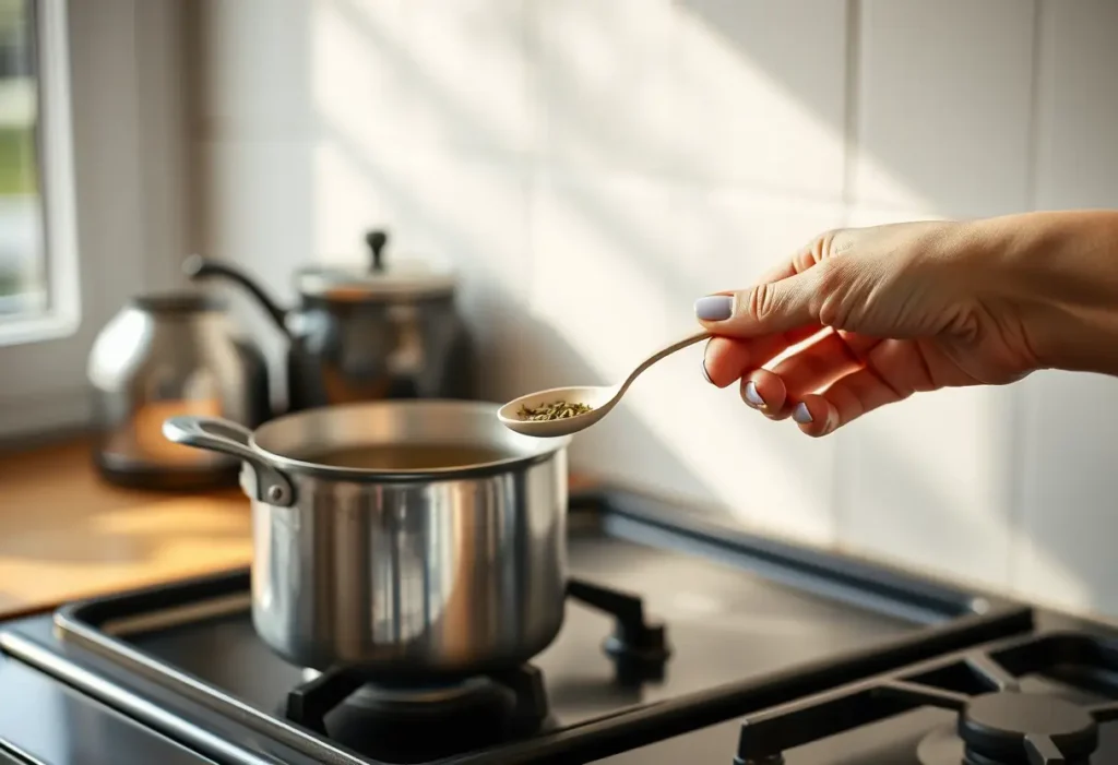 Main de femme tenant une cuillère en céramique dans la cuisine pendant la préparation d'une tisane, thématique du bien-être féminin