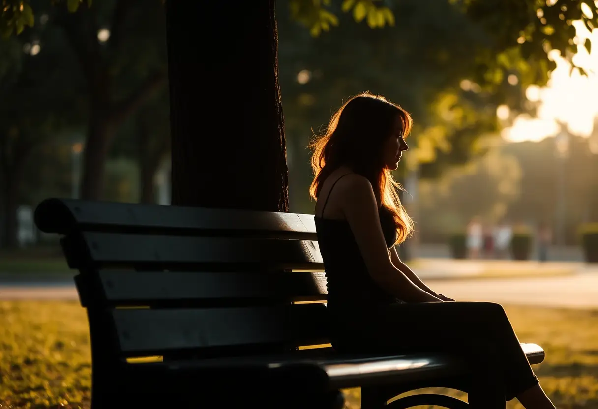 Silhouette d'une femme assise sur un banc de parc, tête appuyée contre un arbre, éclairage du crépuscule, thème du bien-être féminin