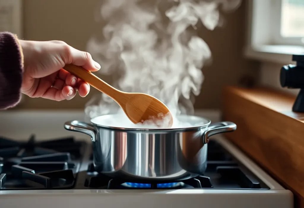 Une main féminine tenant une cuillère en bois au-dessus d'une casserole qui mijote, dans la cuisine, évoquant bien-être et sérénité