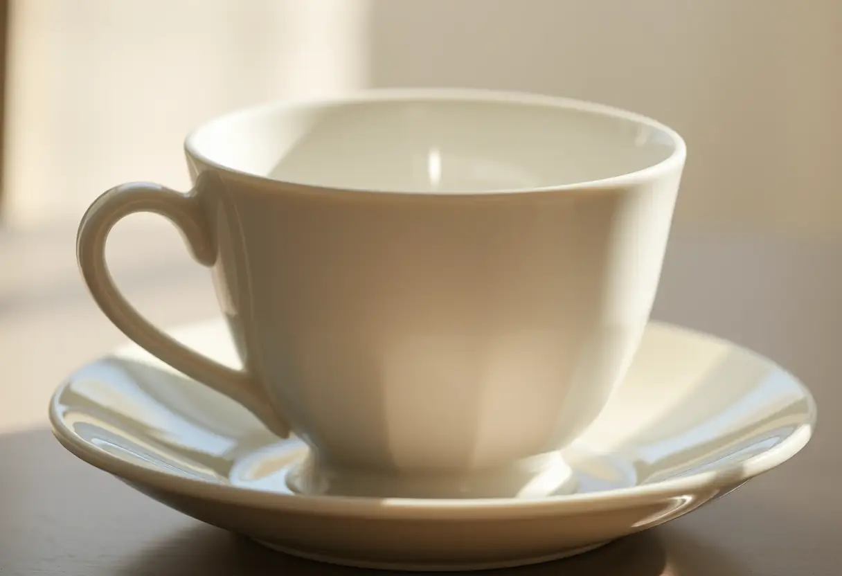 Un gobelet en porcelaine posé sur une soucouche, éclairé par la lumière matinale, symbolisant la douceur et la tranquillité