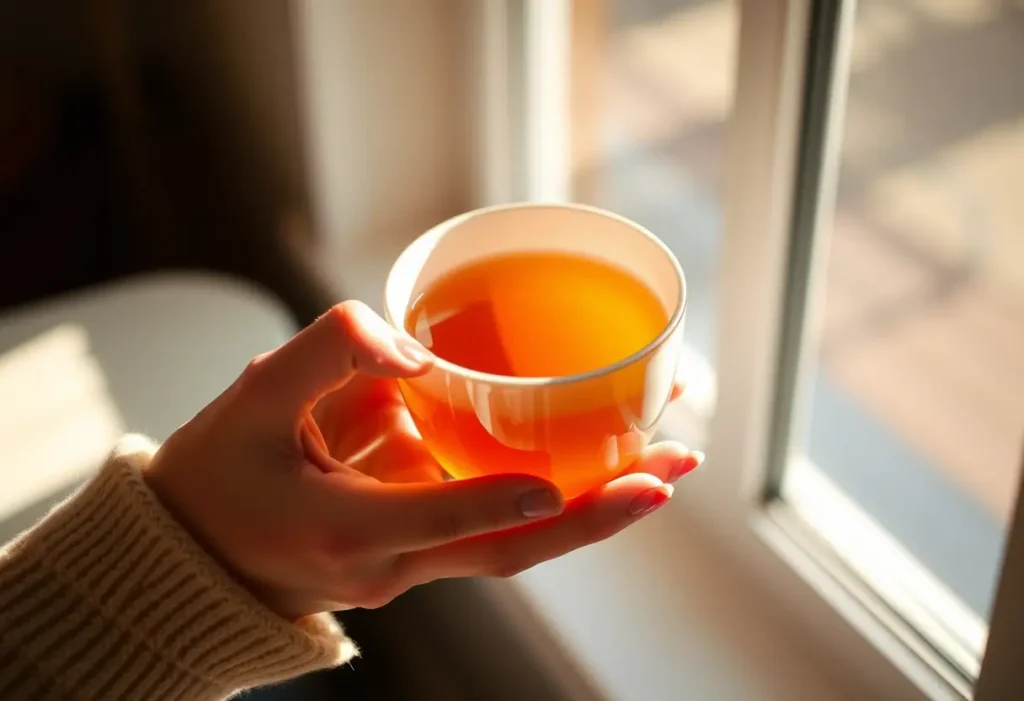 Une main tenant une tasse de thé chaud, apportant réconfort et bien-être