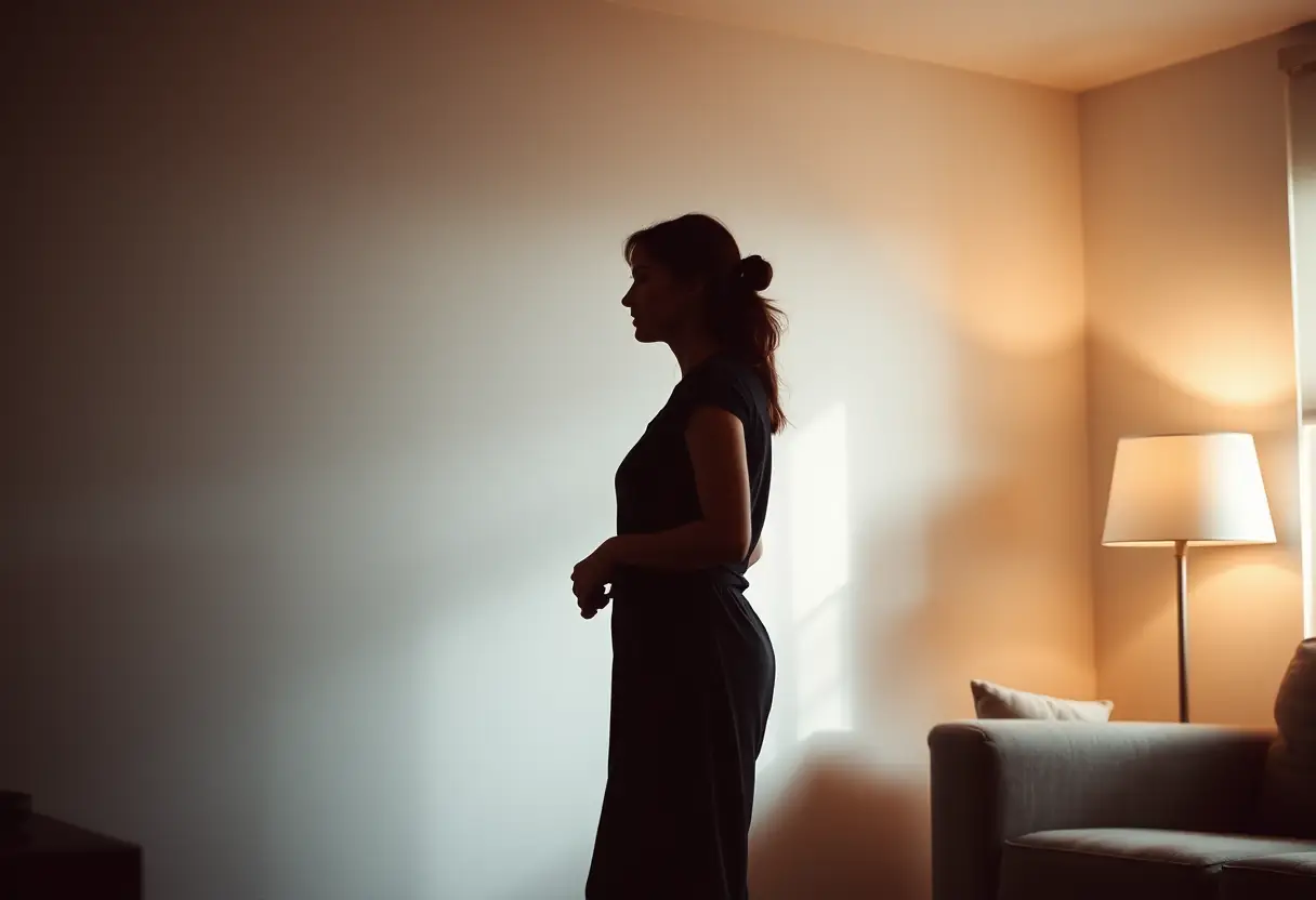 Silhouette d'une femme dans un salon accueillant, baignée par la lumière d'un abat-jour, symbolisant l'acceptation de soi