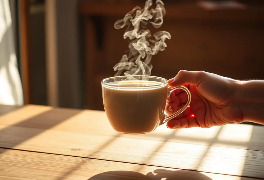 Une main tenant une tasse de thé aromatisé, éclairée par la lumière du soleil, évoquant chaleur et bien-être