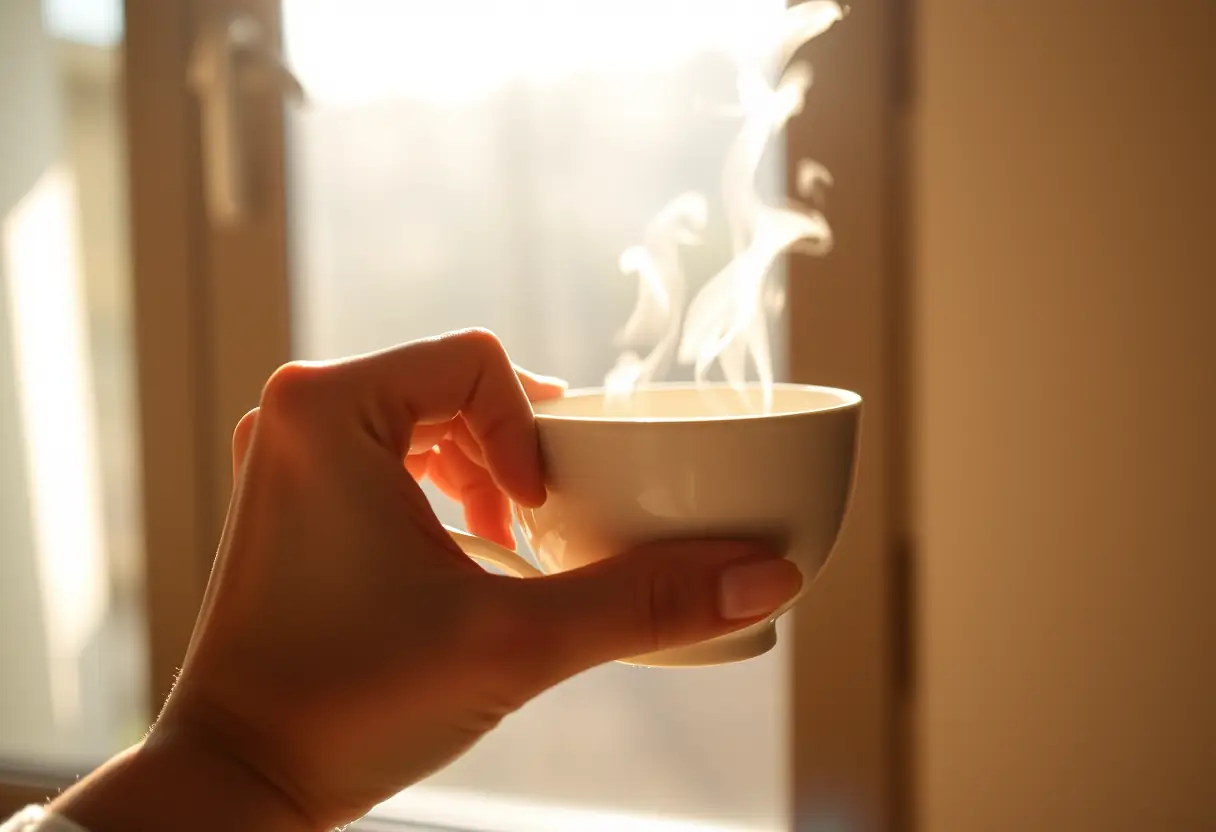 Une main féminine tenant délicatement une tasse en porcelaine