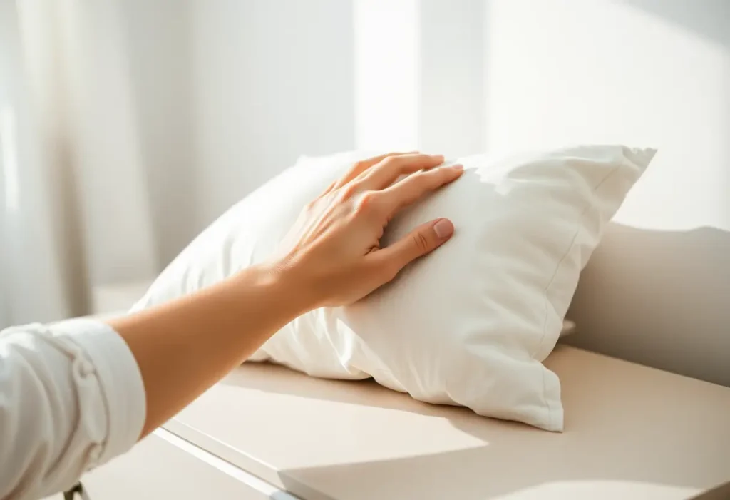 Une main apaisée lissant un oreiller en coton doux, symbolisant l’amour de soi.