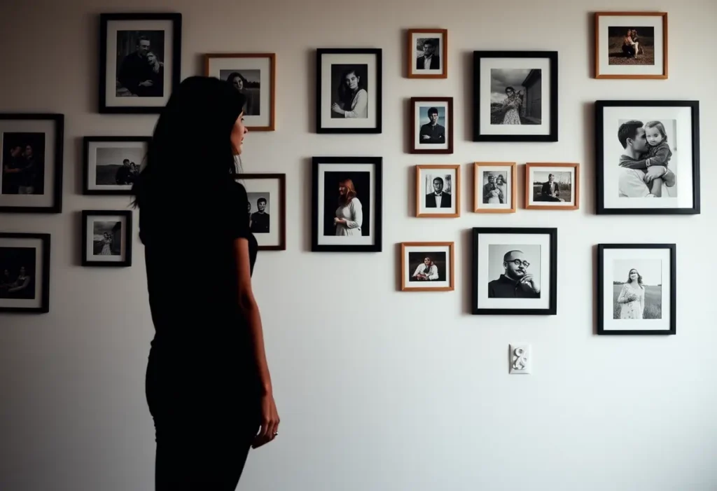 Silhouette de femme devant un mur de souvenirs