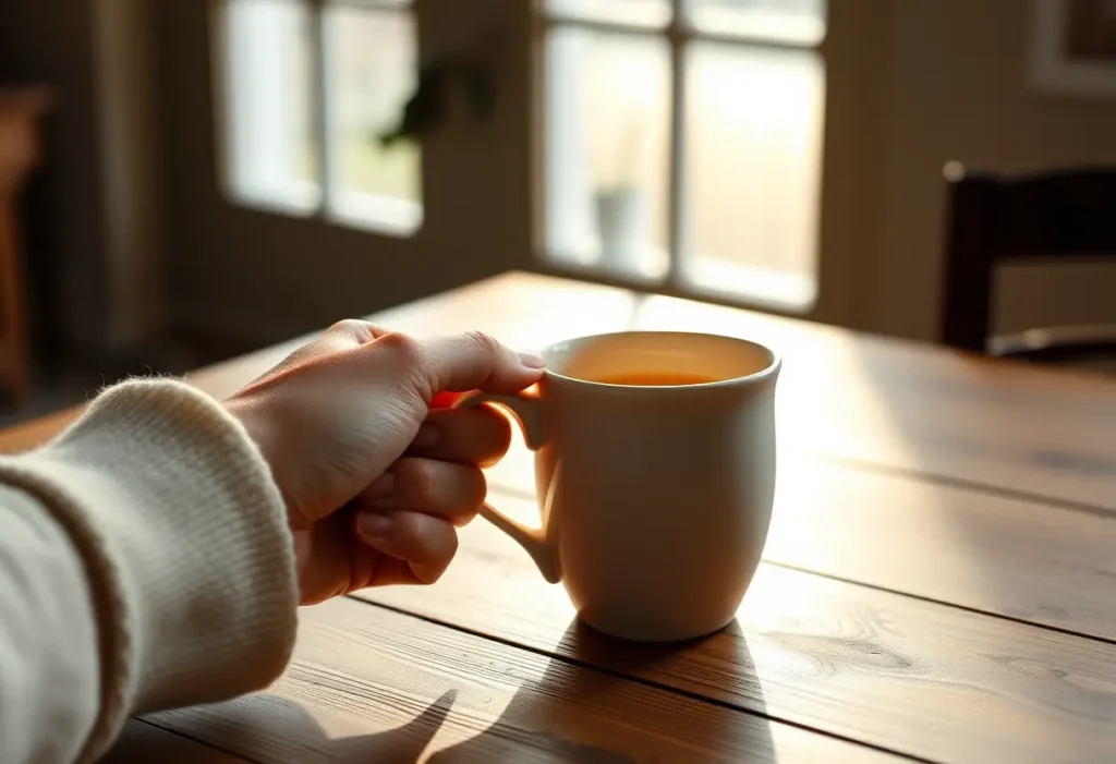 Une main posant délicatement une tasse en porcelaine sur une table en bois, symbolisant la douceur et le bien-être.