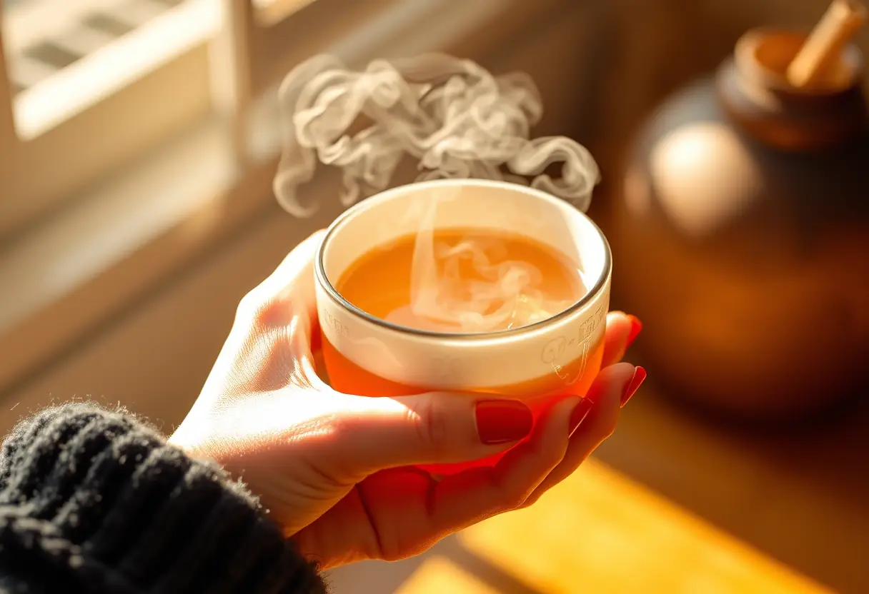 Une main tenant une tasse de thé herbeux, la lumière chaude souligne la chaleur de la scène