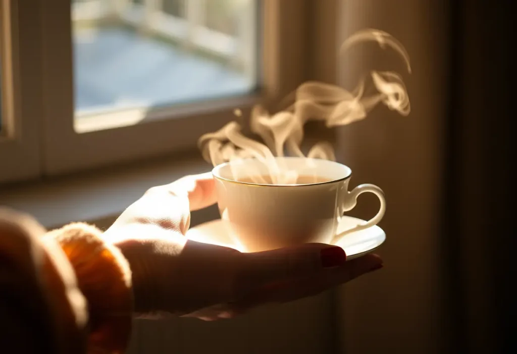 Une main féminine tenant délicatement une tasse de thé, la lumière du soleil filtre à travers une fenêtre, créant une atmosphère chaleureuse et accueillante